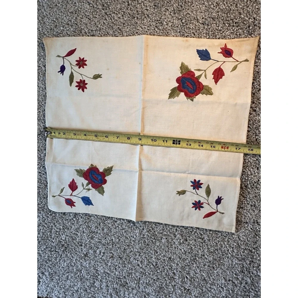 Vintage hand embroidered napkin With  Red Flowers‎ Beautiful